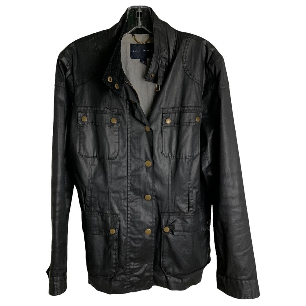 Banana Republic Moto Jacket Womens L Black Essential Cotton Full‎ Zip Brass Snap
